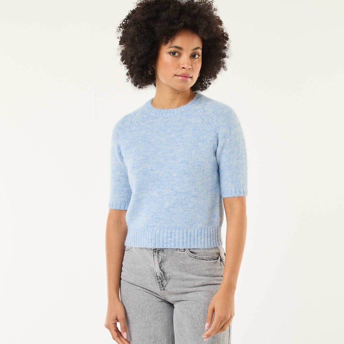 Chunky Knit Short-Sleeve Sweater BLUE