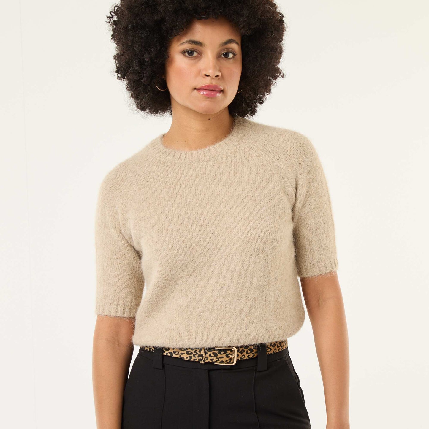 Chunky Knit Short-Sleeve Sweater BEIGE
