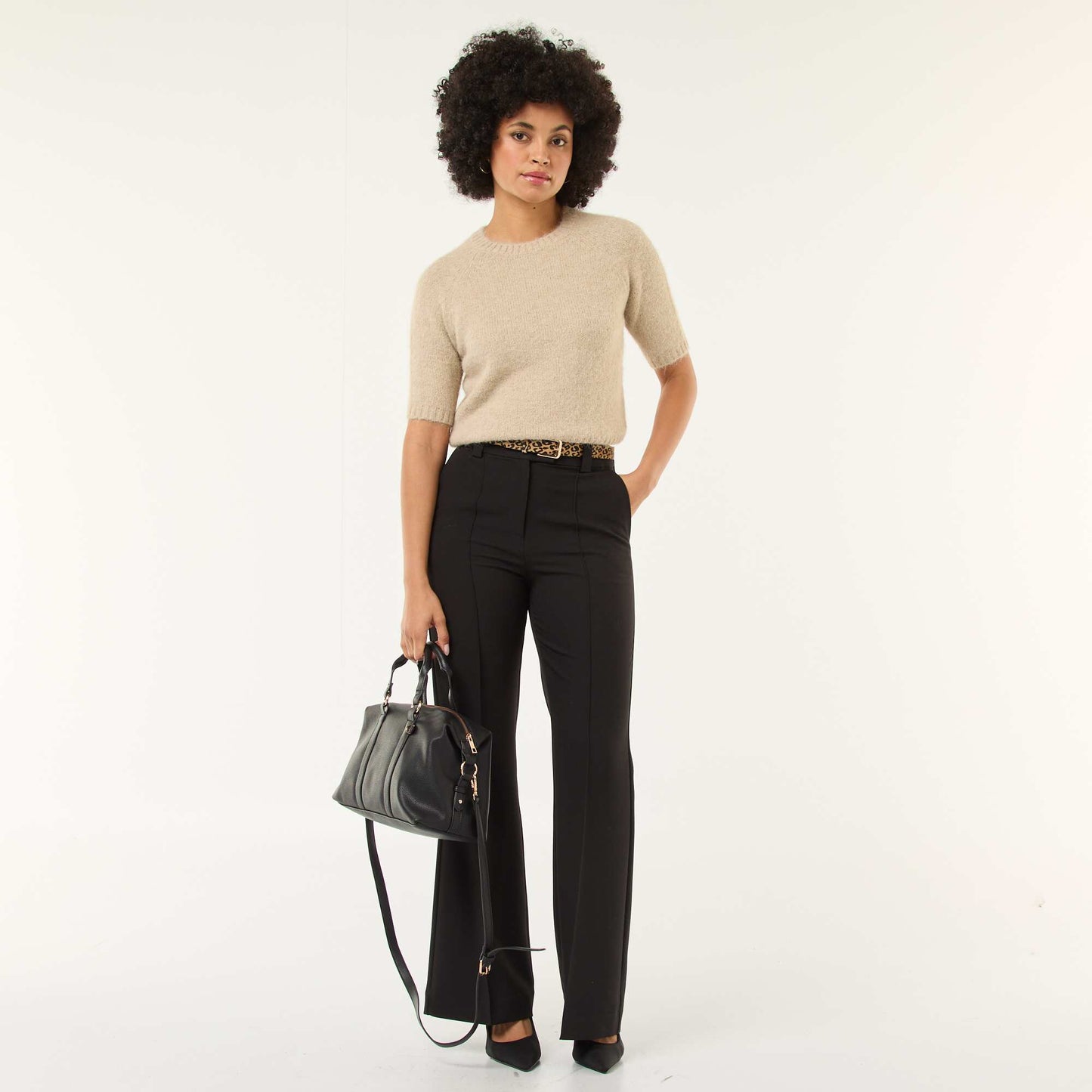 Chunky Knit Short-Sleeve Sweater BEIGE