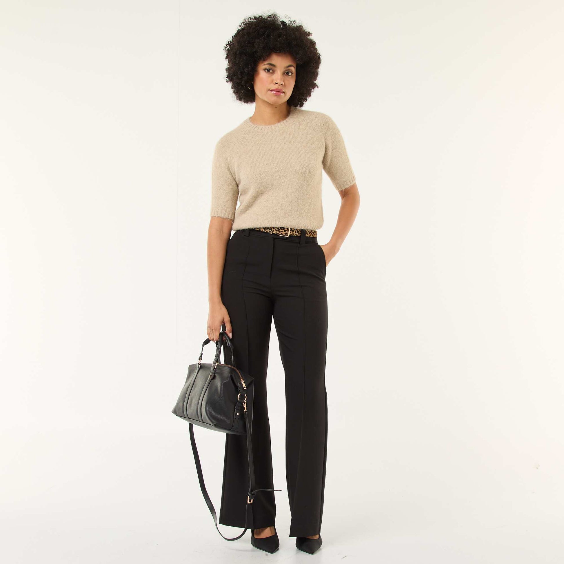Chunky Knit Short-Sleeve Sweater BEIGE