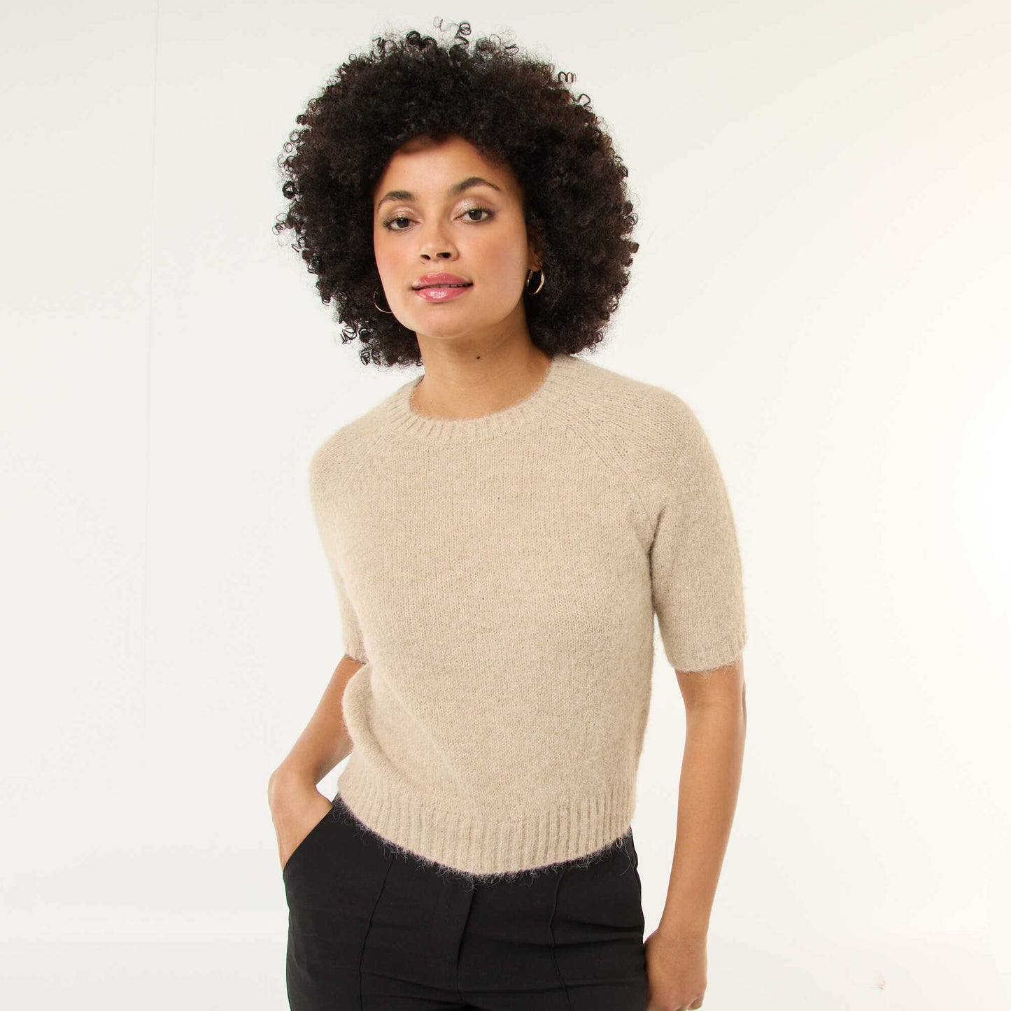 Chunky Knit Short-Sleeve Sweater BEIGE