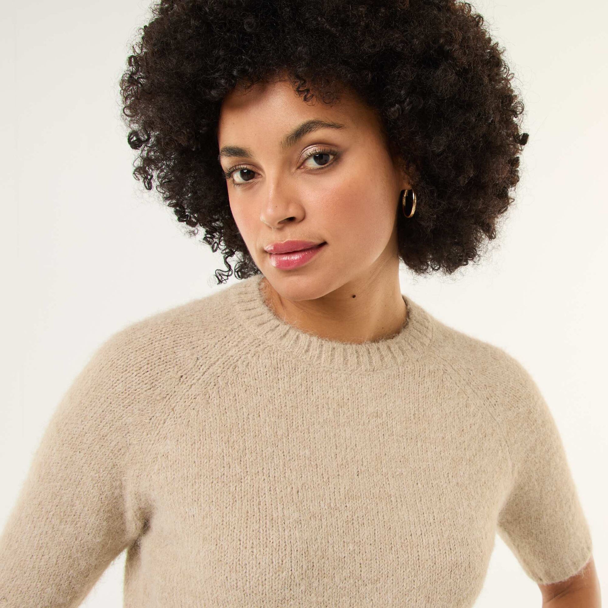 Chunky Knit Short-Sleeve Sweater BEIGE