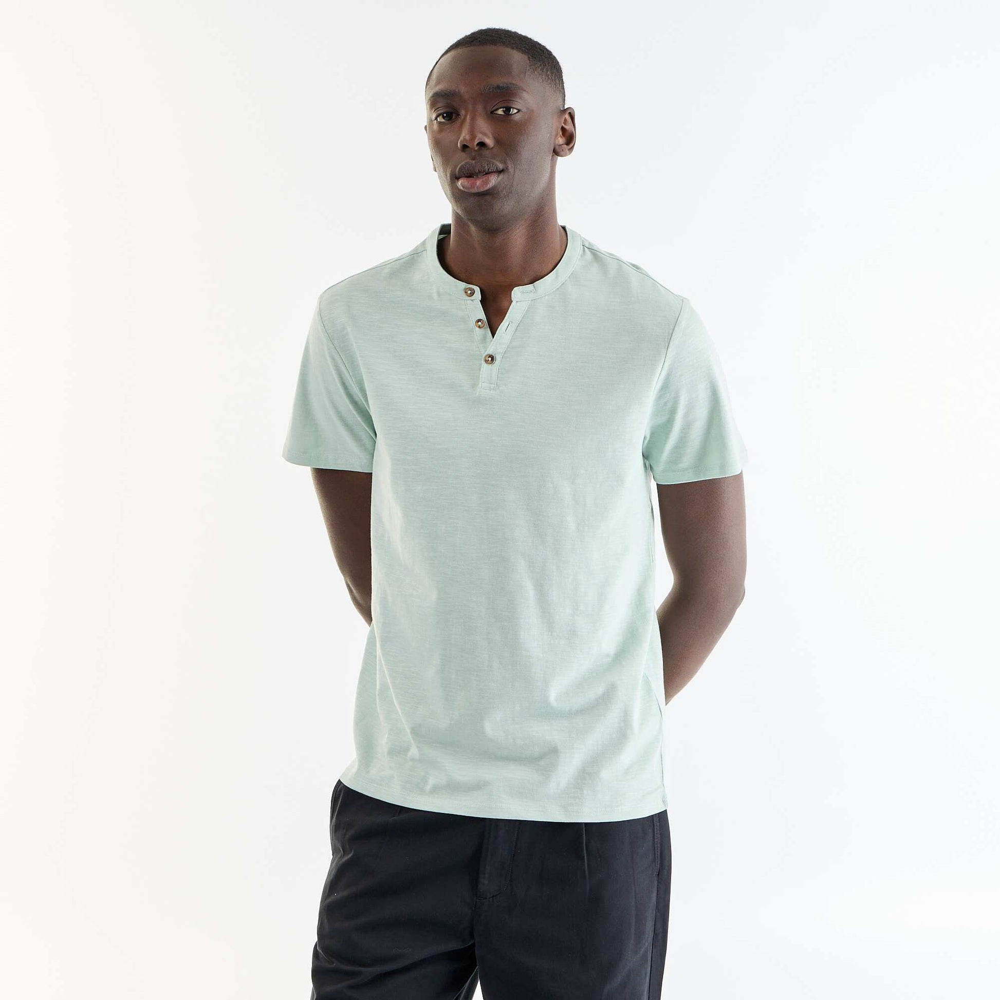 Short-Sleeved Tunisian Collar T-Shirt BLUE