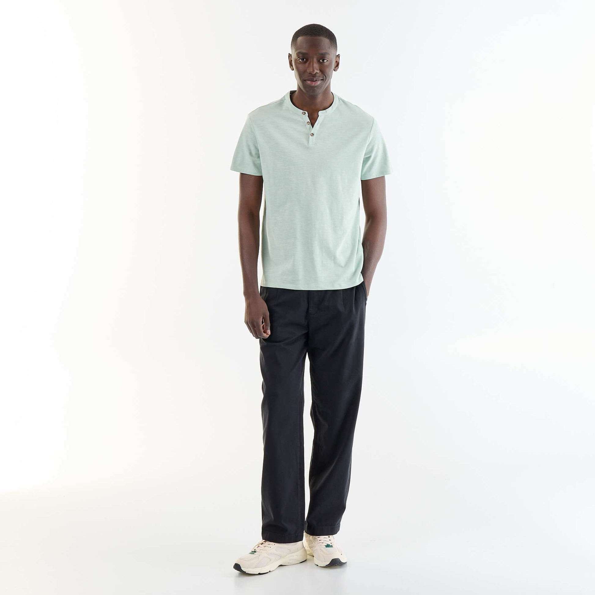 Short-Sleeved Tunisian Collar T-Shirt BLUE