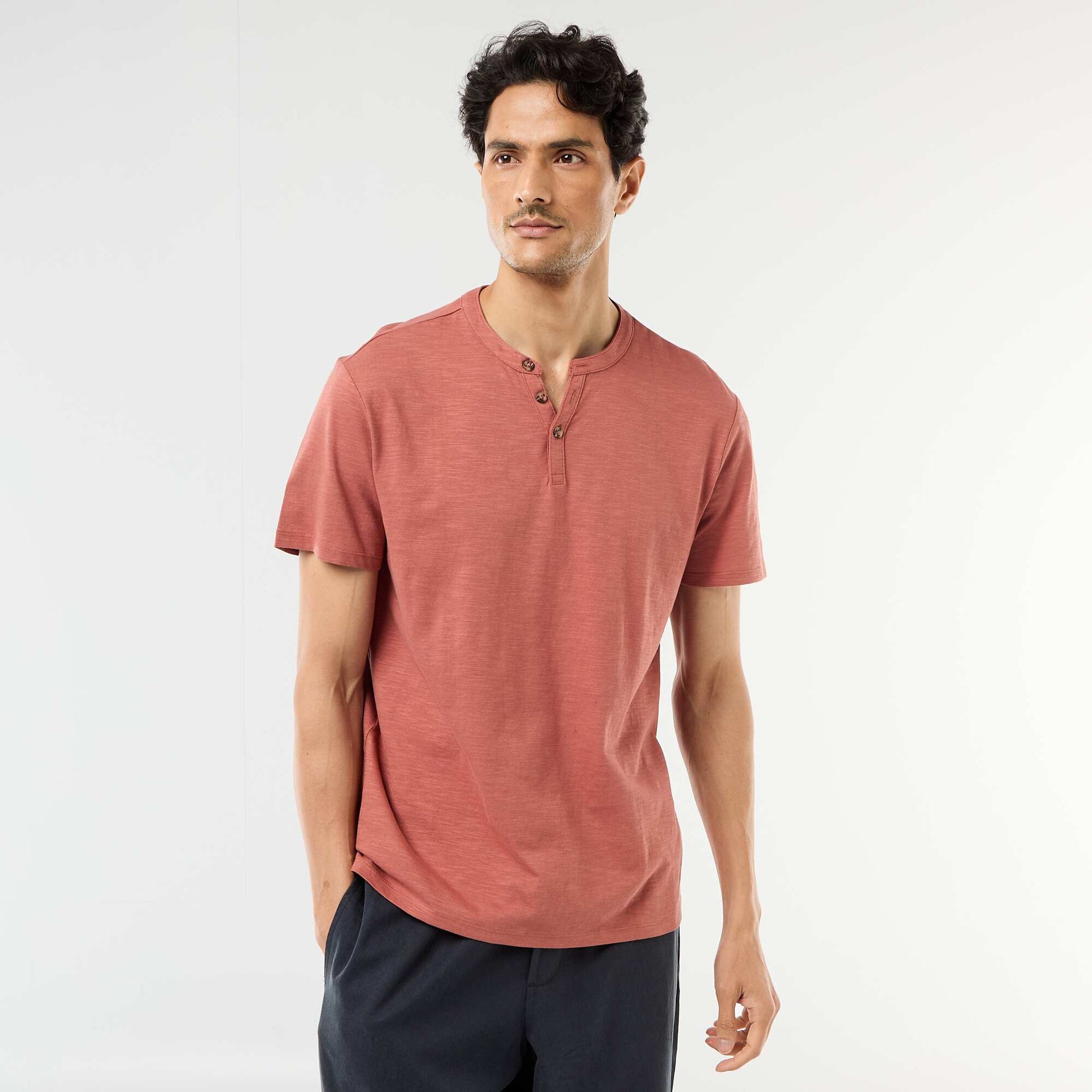 Short-Sleeved Tunisian Collar T-Shirt PINK