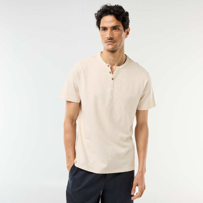 Short-Sleeved Tunisian Collar T-Shirt BEIGE