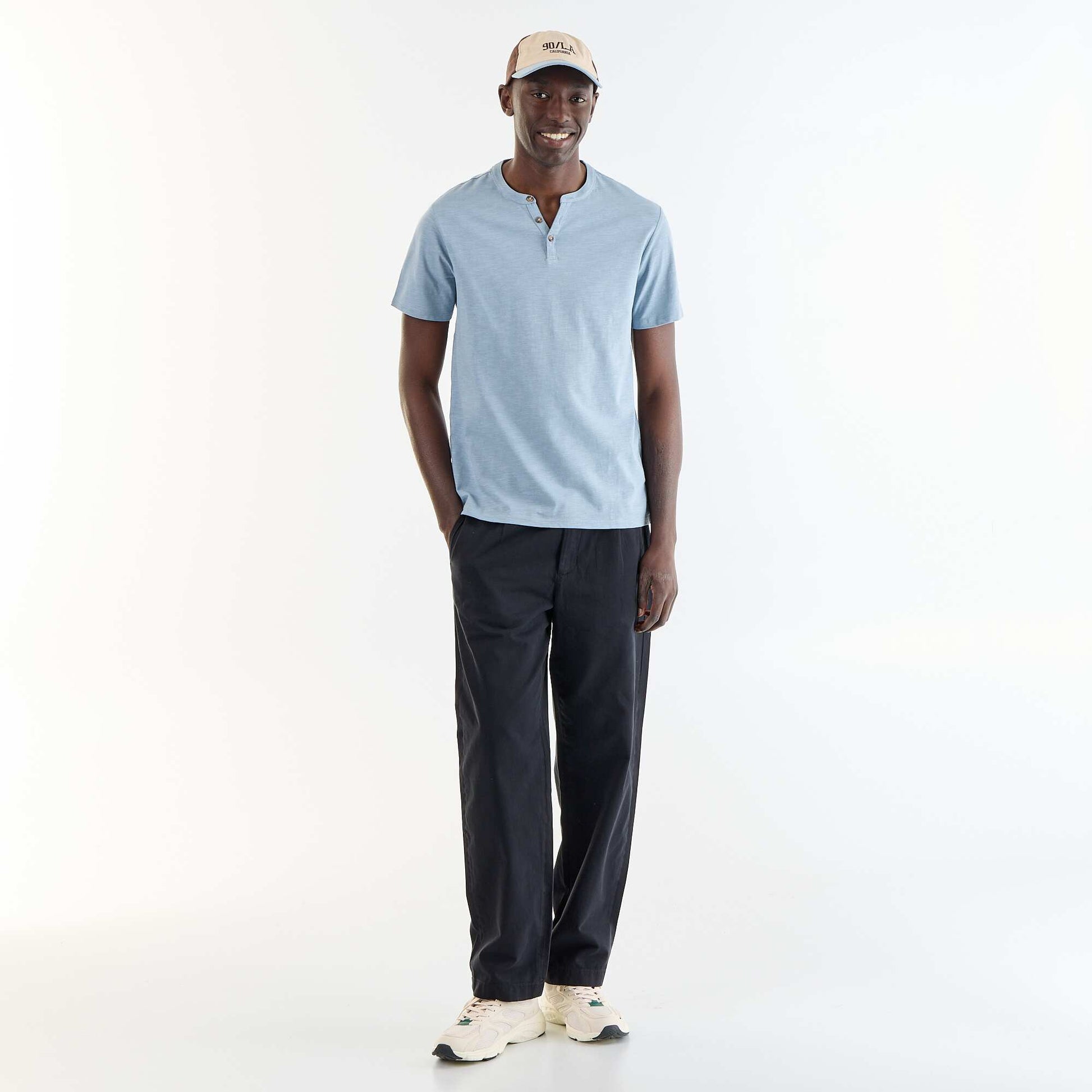 Short-Sleeved Tunisian Collar T-Shirt BLUE