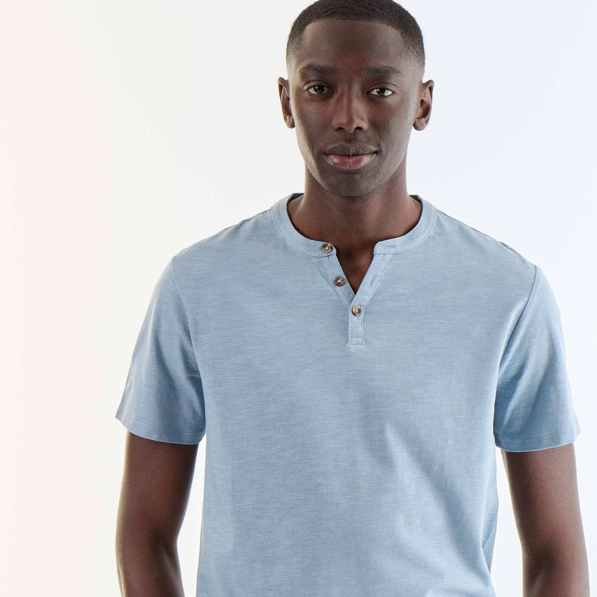Short-Sleeved Tunisian Collar T-Shirt BLUE