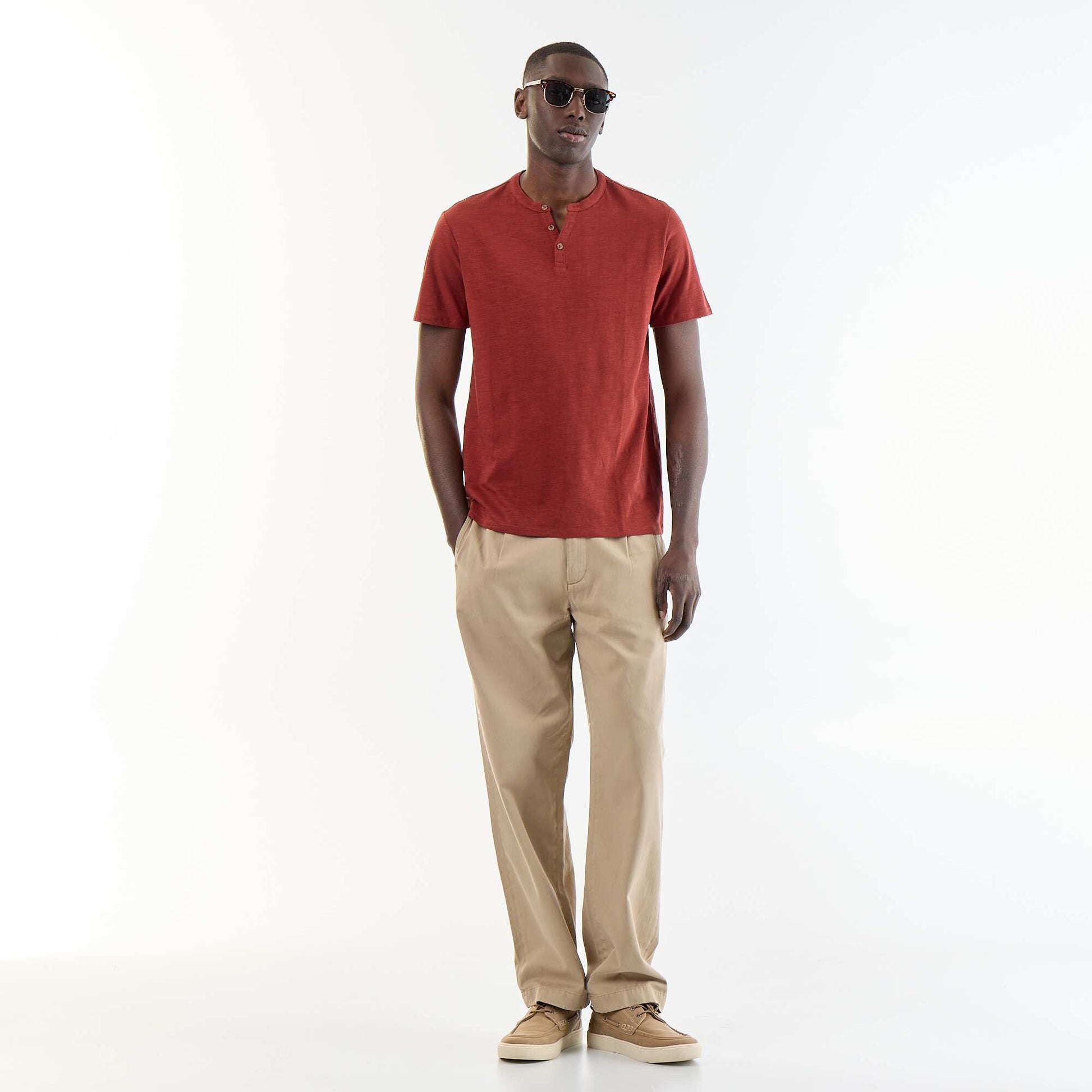 Short-Sleeved Tunisian Collar T-Shirt RED
