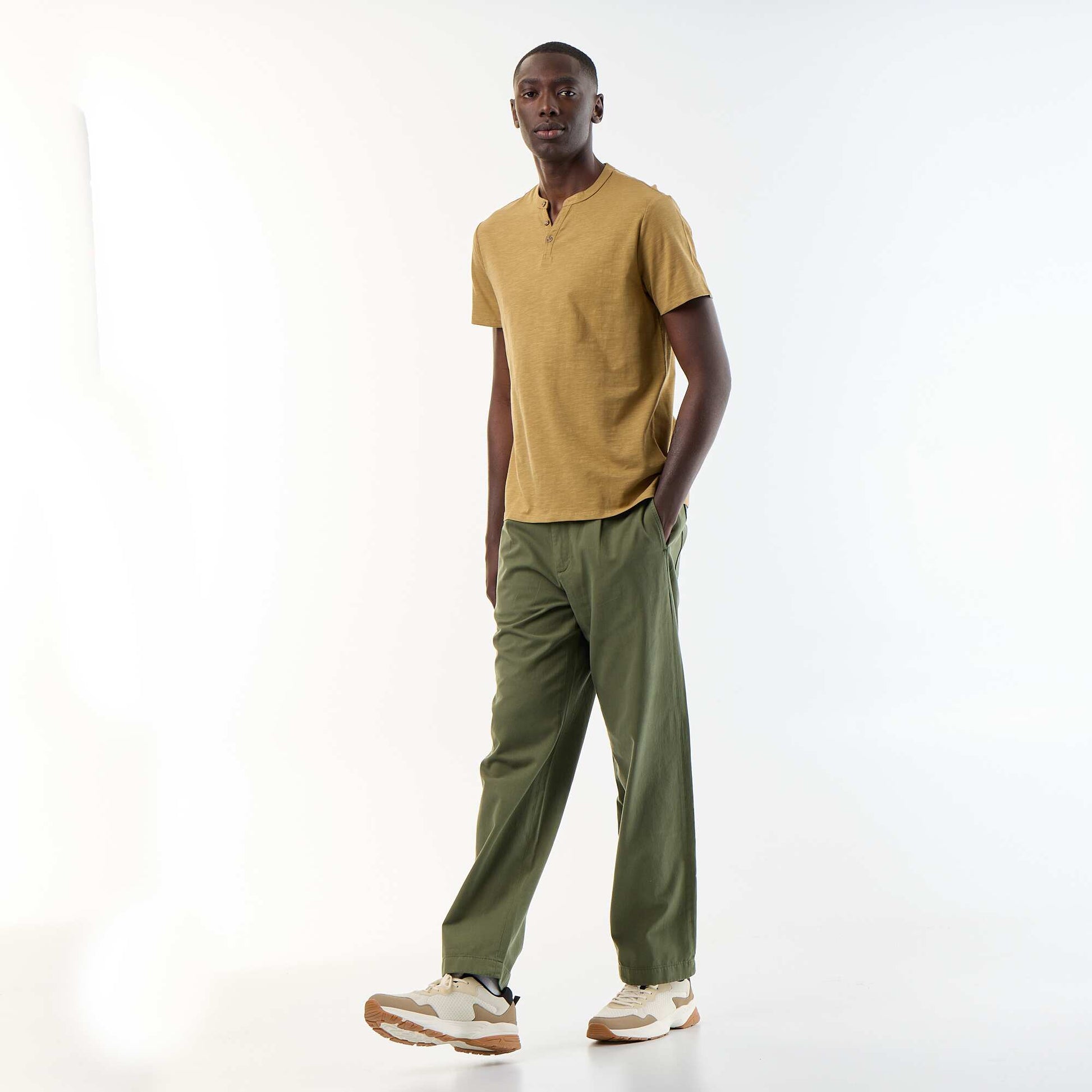 Short-Sleeved Tunisian Collar T-Shirt GREEN