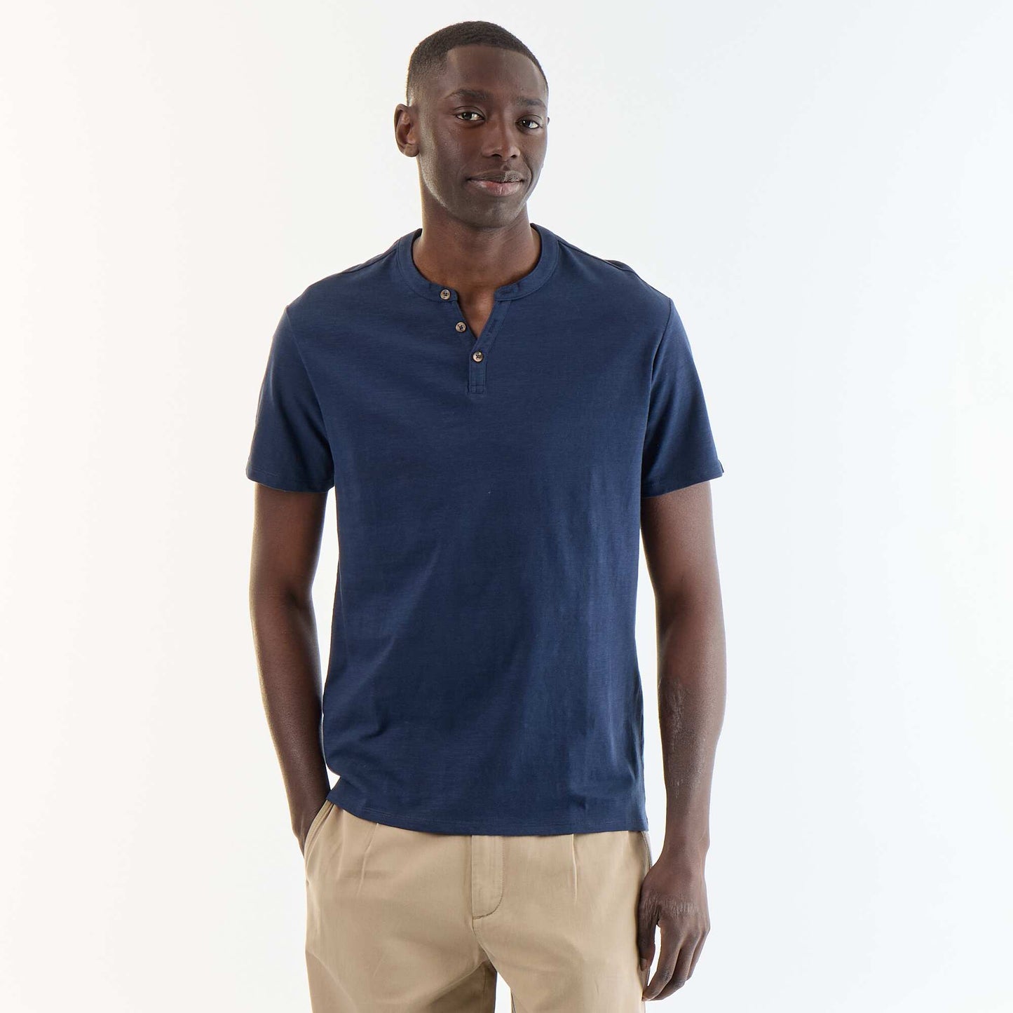 Short-Sleeved Tunisian Collar T-Shirt BLACK