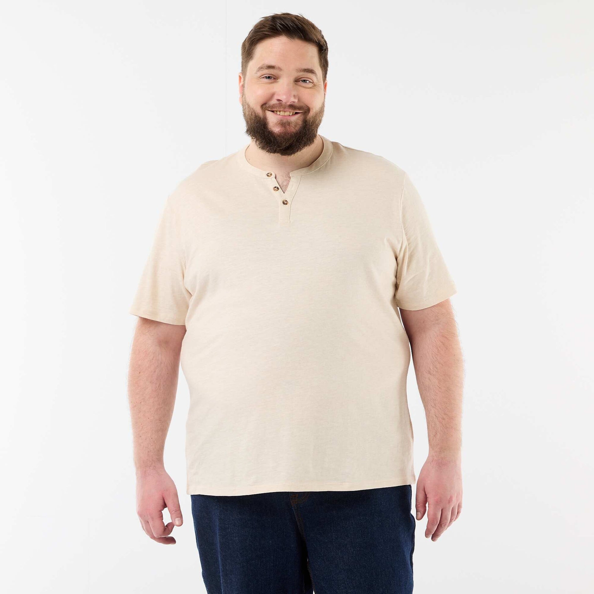 Jersey T-shirt with Henley collar and short sleeves BEIGE