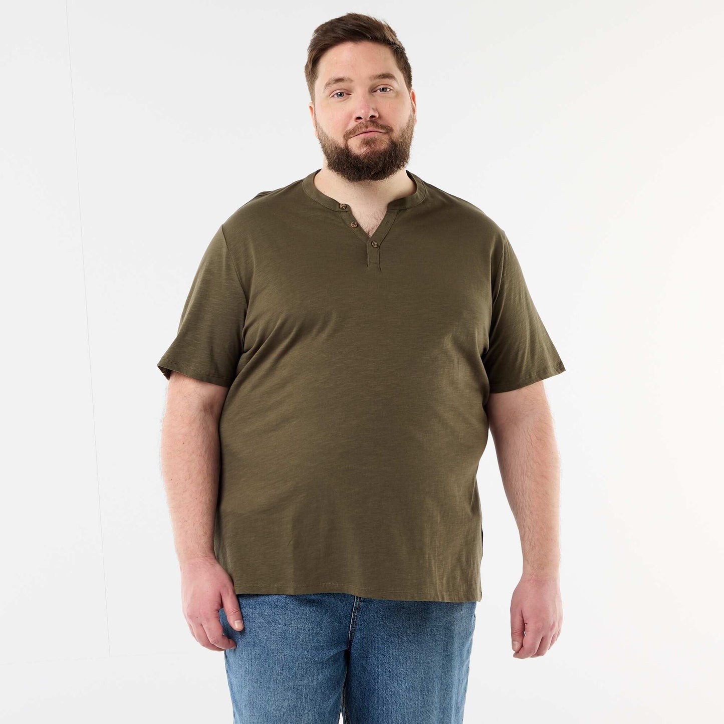 Jersey T-shirt with Henley collar and short sleeves KHAKI