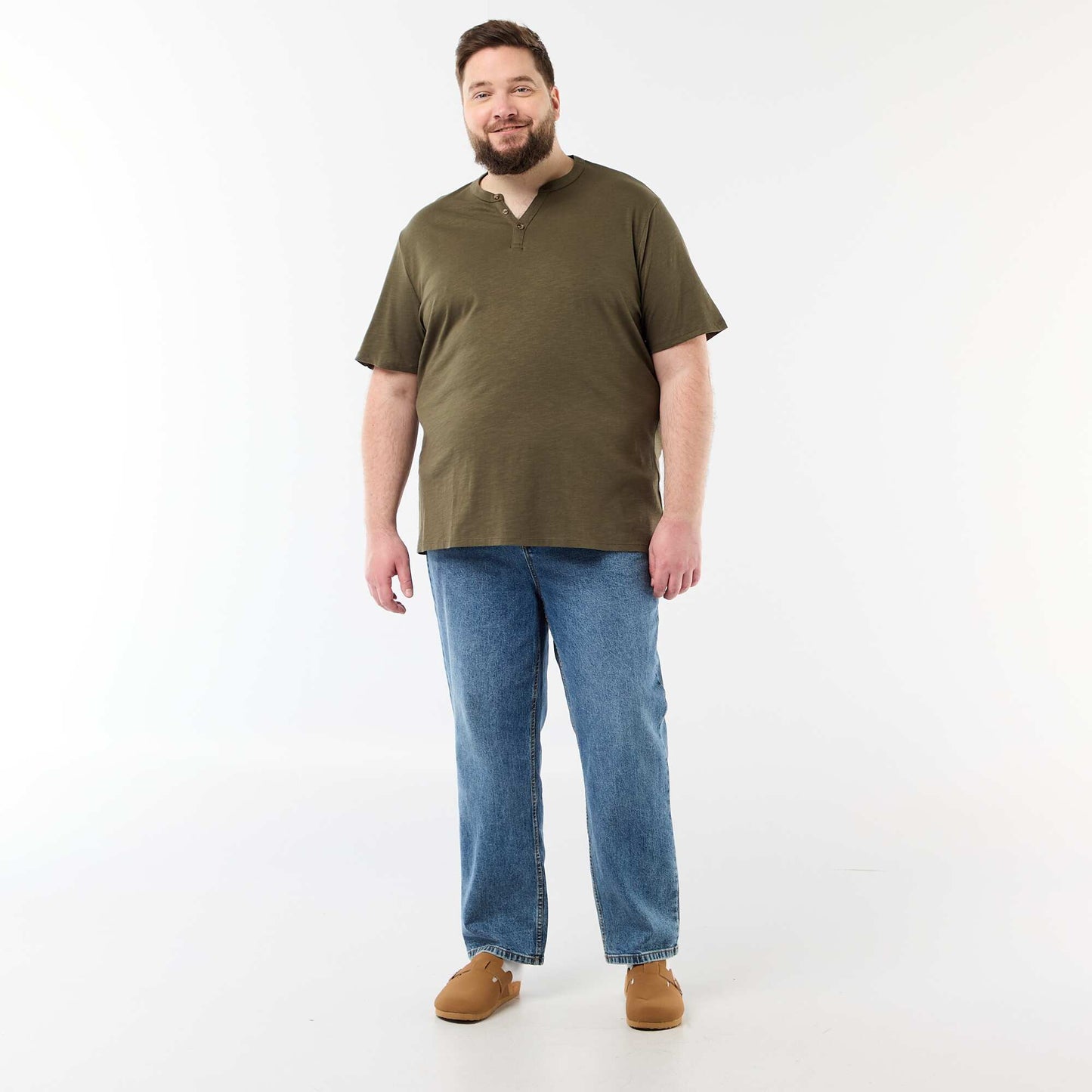 Jersey T-shirt with Henley collar and short sleeves KHAKI