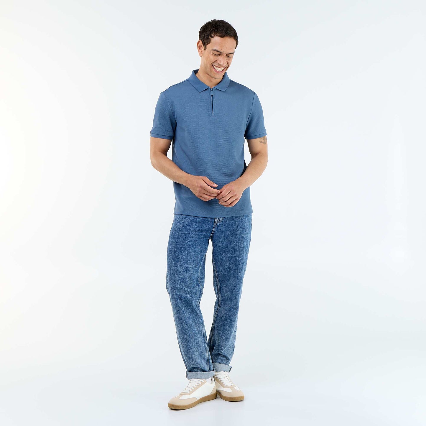 Honeycomb Knit Polo with Zip Collar BLUE