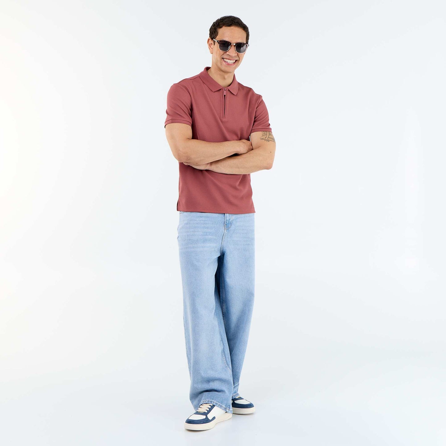 Honeycomb Knit Polo with Zip Collar RED