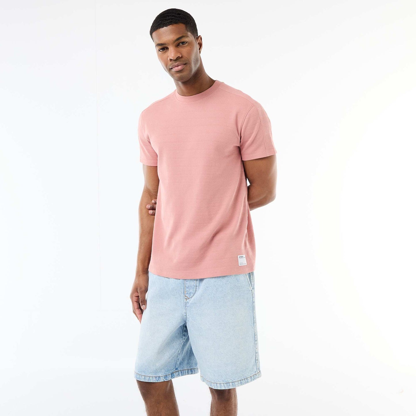 Honeycomb Knit Crew Neck Short Sleeve T-shirt PINK