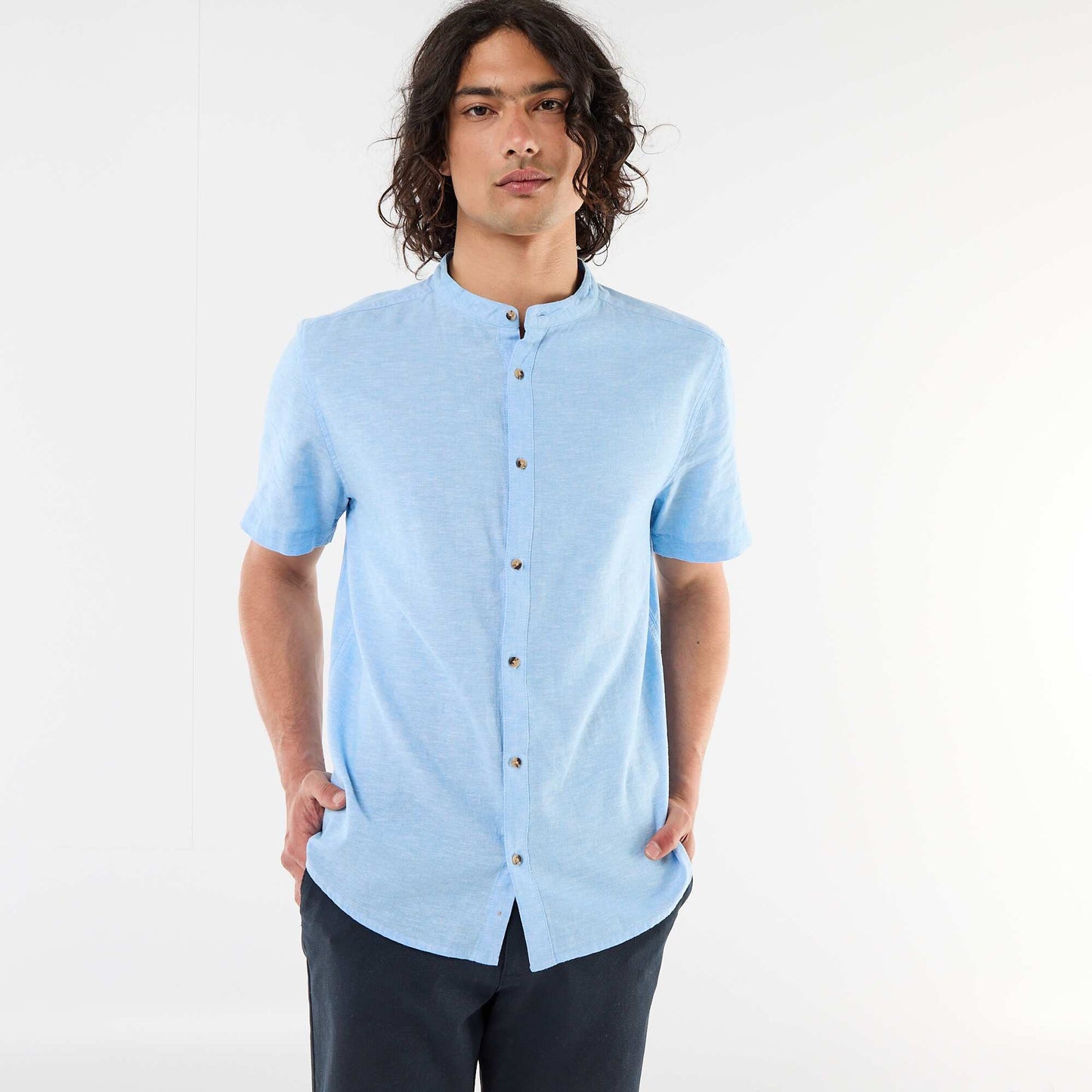 Solid Linen-Blend Short-Sleeve Mao Collar Shirt BLUE