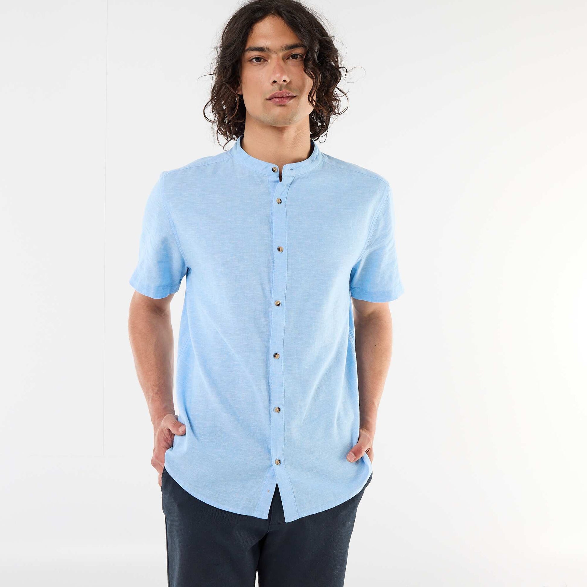Solid Linen-Blend Short-Sleeve Mao Collar Shirt BLUE