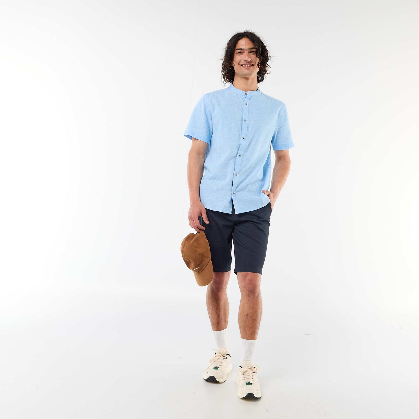 Solid Linen-Blend Short-Sleeve Mao Collar Shirt BLUE