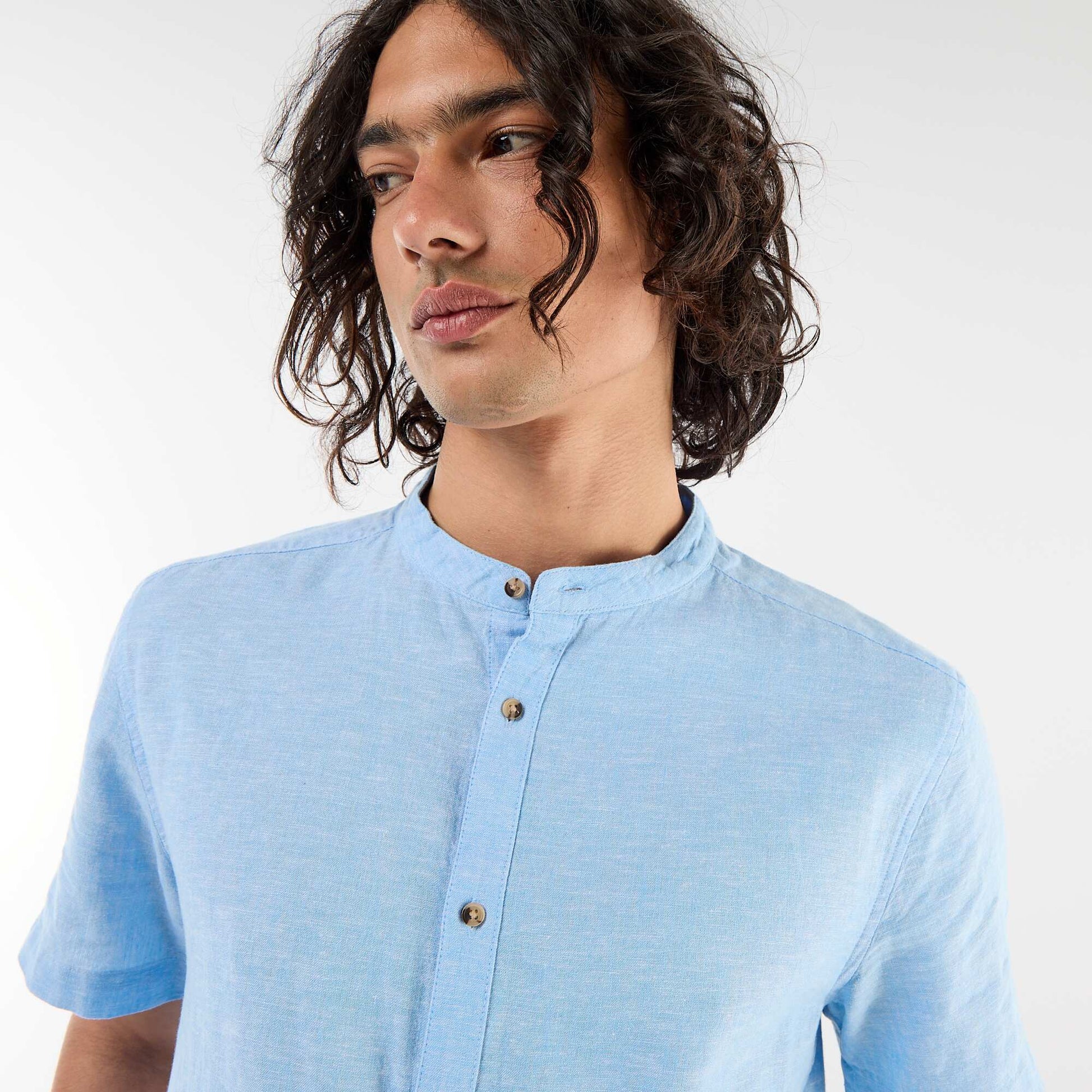 Solid Linen-Blend Short-Sleeve Mao Collar Shirt BLUE