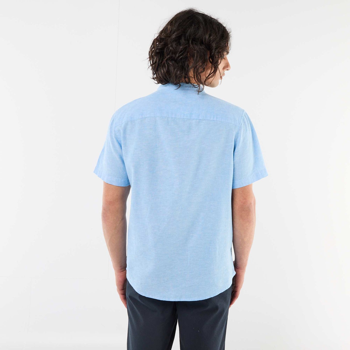 Solid Linen-Blend Short-Sleeve Mao Collar Shirt BLUE
