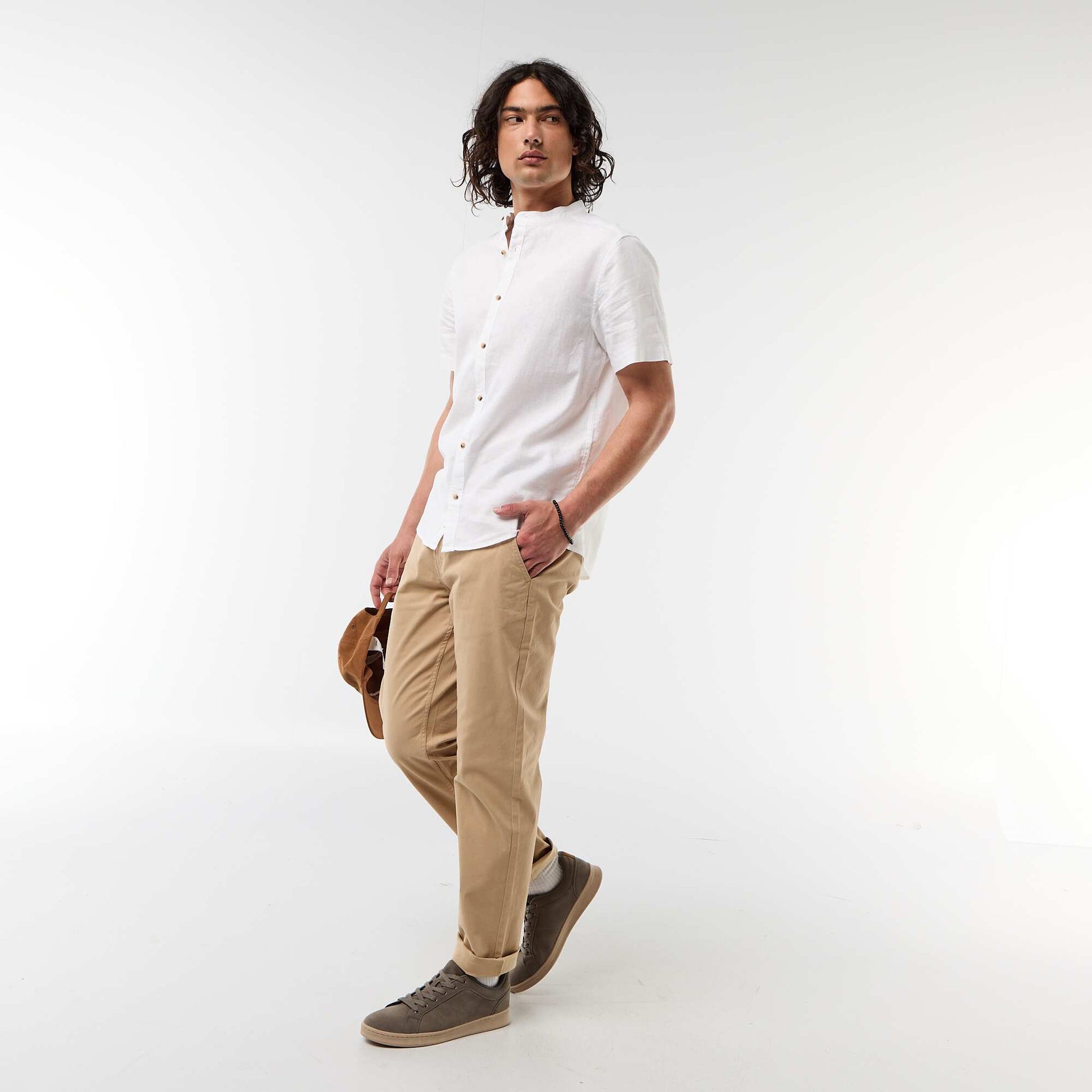 Solid Linen-Blend Short-Sleeve Mao Collar Shirt WHITE