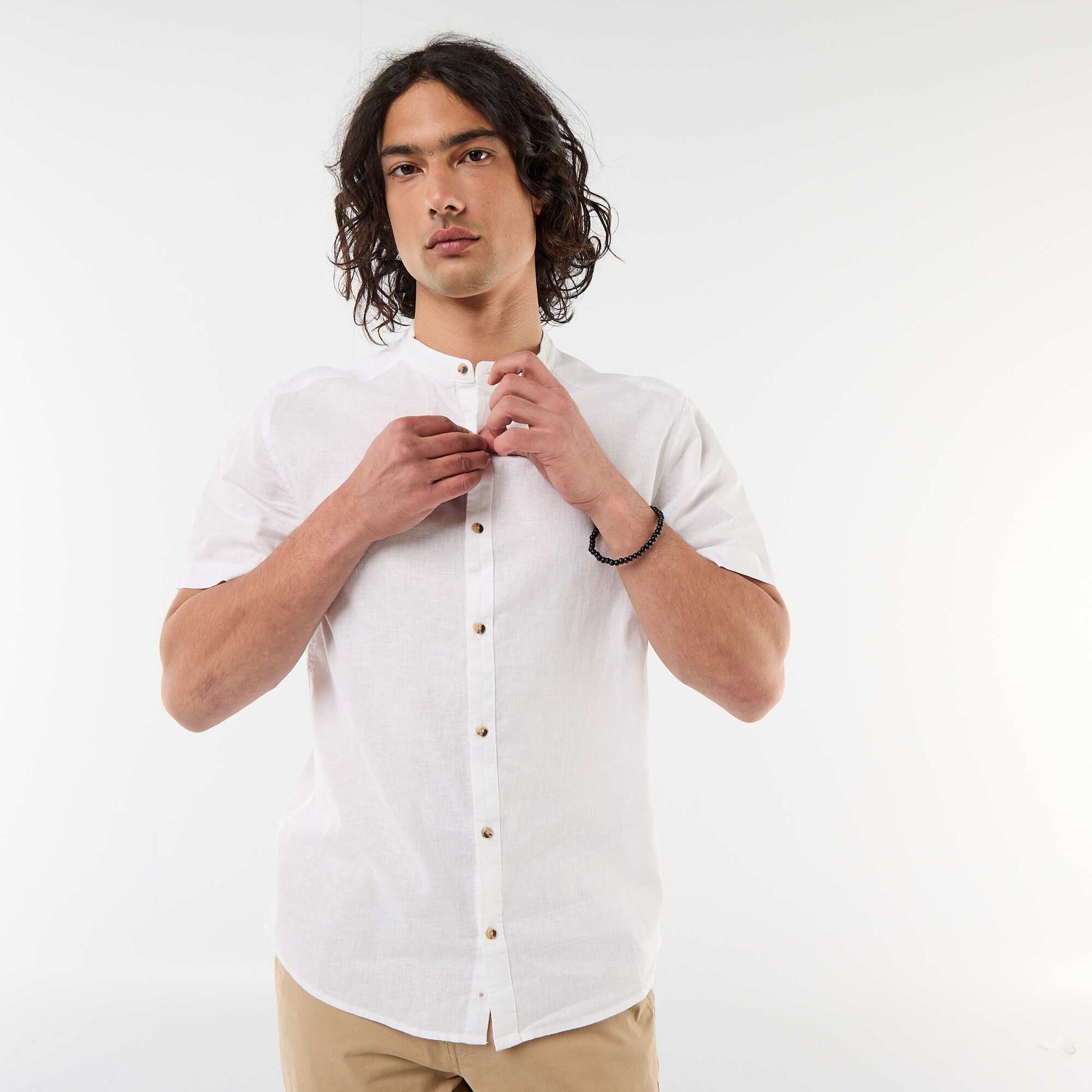 Solid Linen-Blend Short-Sleeve Mao Collar Shirt WHITE