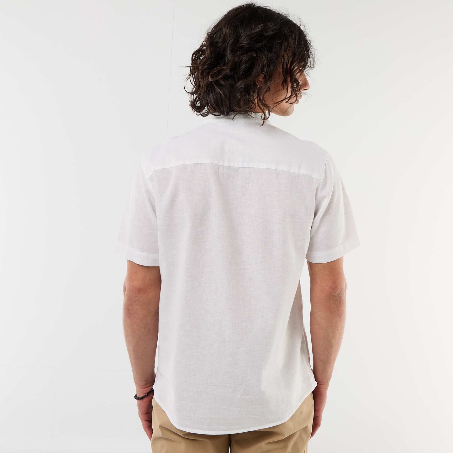 Solid Linen-Blend Short-Sleeve Mao Collar Shirt WHITE