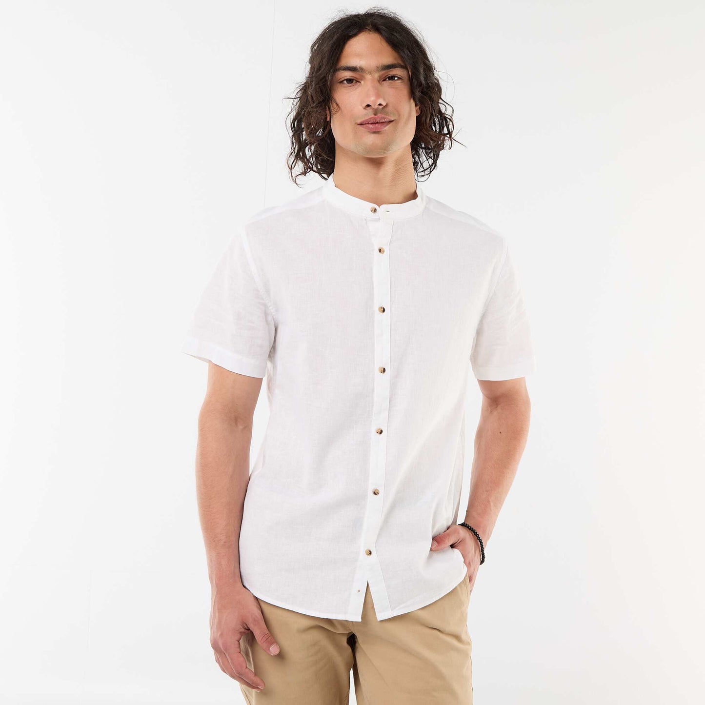 Solid Linen-Blend Short-Sleeve Mao Collar Shirt WHITE