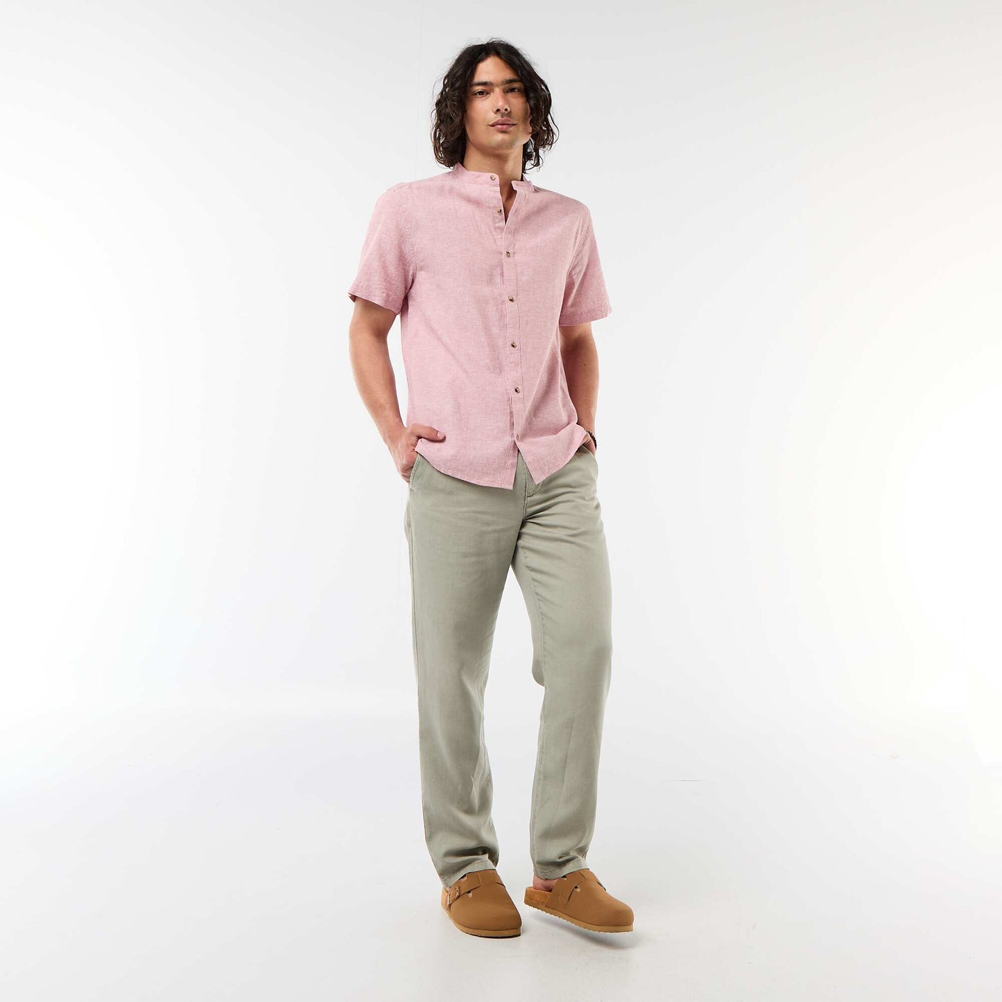 Solid Linen-Blend Short-Sleeve Mao Collar Shirt PINK