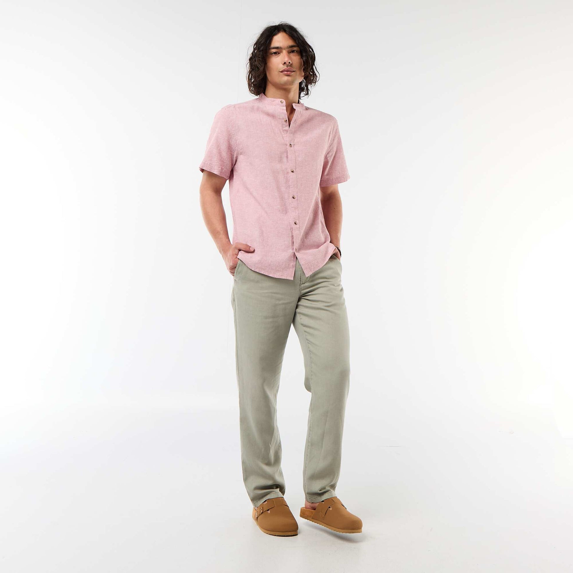 Solid Linen-Blend Short-Sleeve Mao Collar Shirt PINK