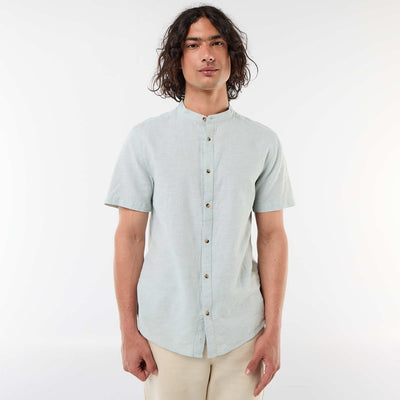 Solid Linen-Blend Short-Sleeve Mao Collar Shirt GREEN