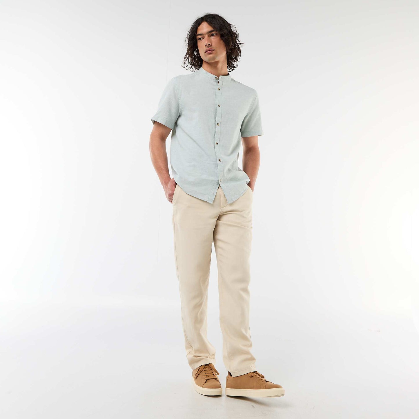 Solid Linen-Blend Short-Sleeve Mao Collar Shirt GREEN