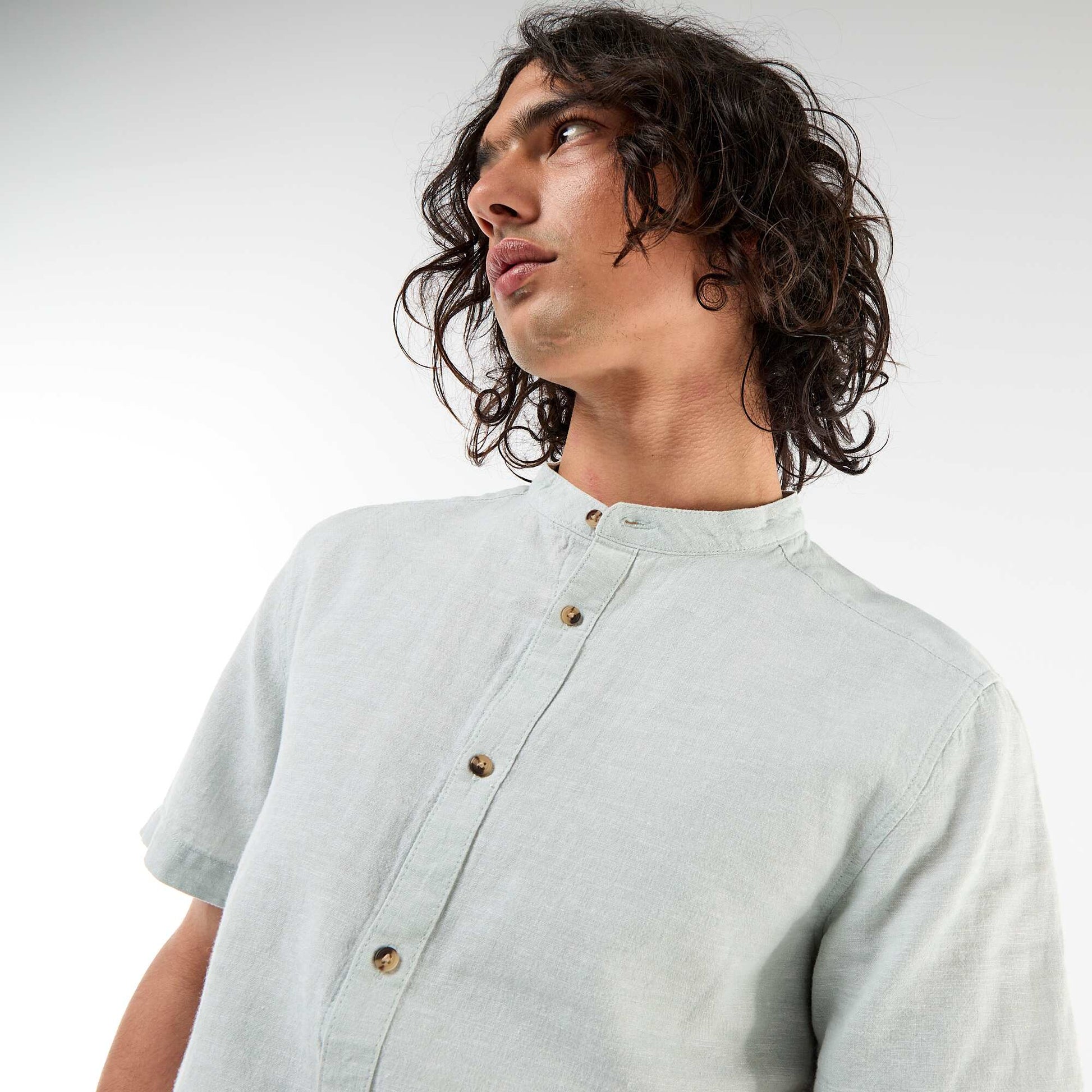 Solid Linen-Blend Short-Sleeve Mao Collar Shirt GREEN