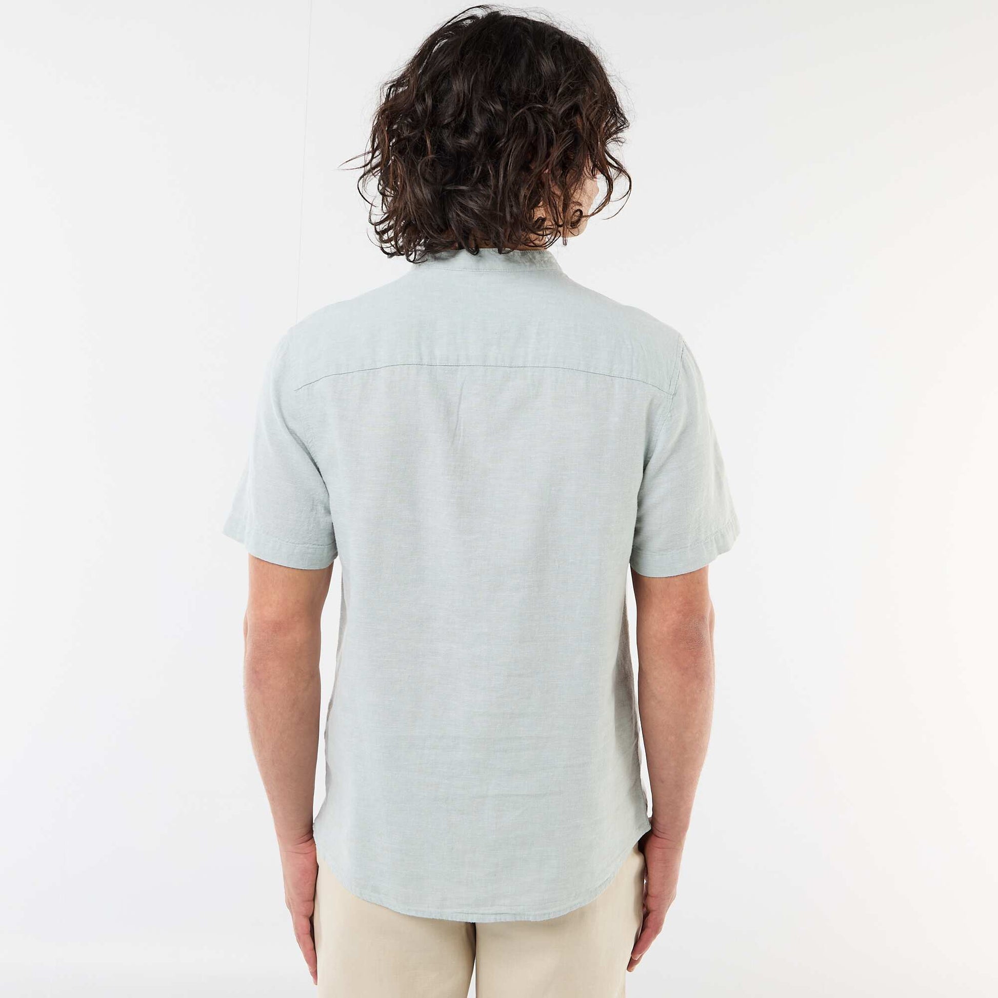 Solid Linen-Blend Short-Sleeve Mao Collar Shirt GREEN