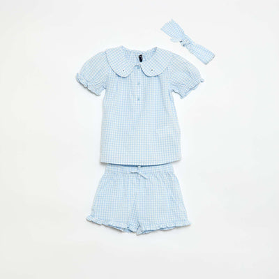 3-piece Gingham Tunic  Shorts  and Headband Set SKY BLUE