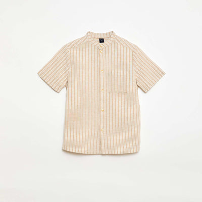 Cotton and linen short-sleeved Mao collar shirt BEIGE