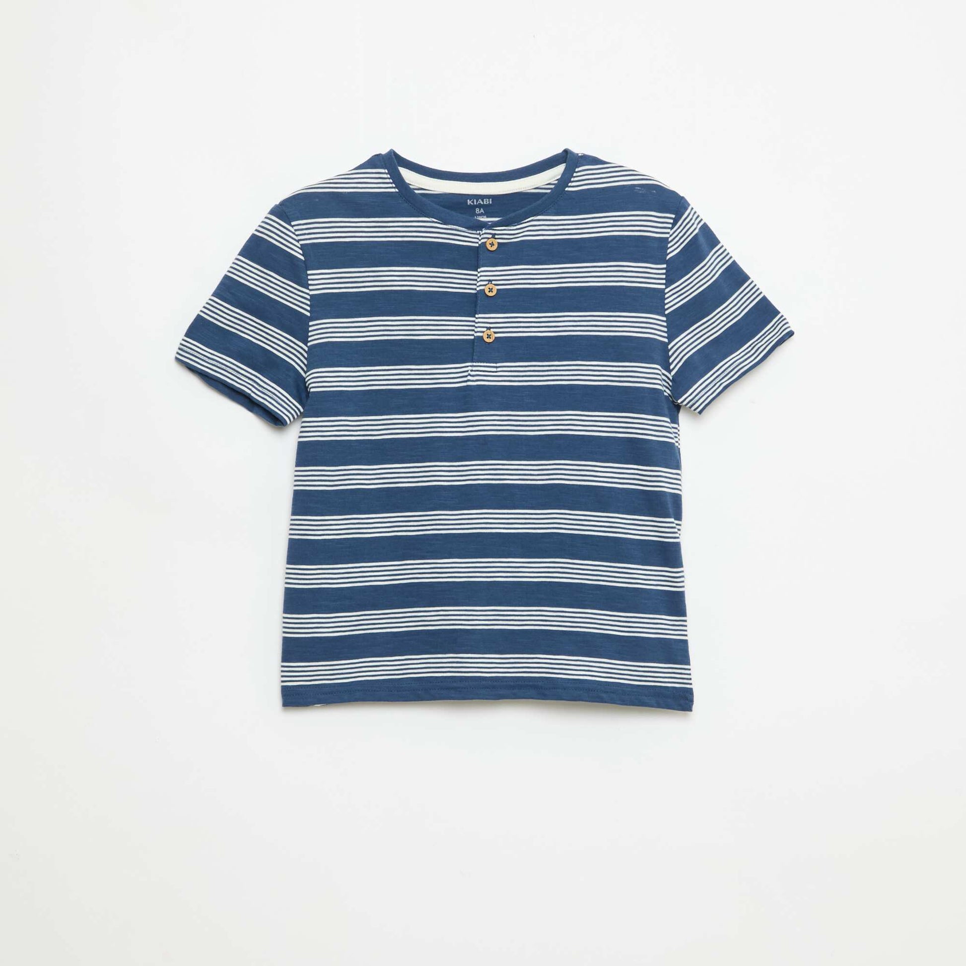 Striped T-shirt with Tunisian Collar BLUE