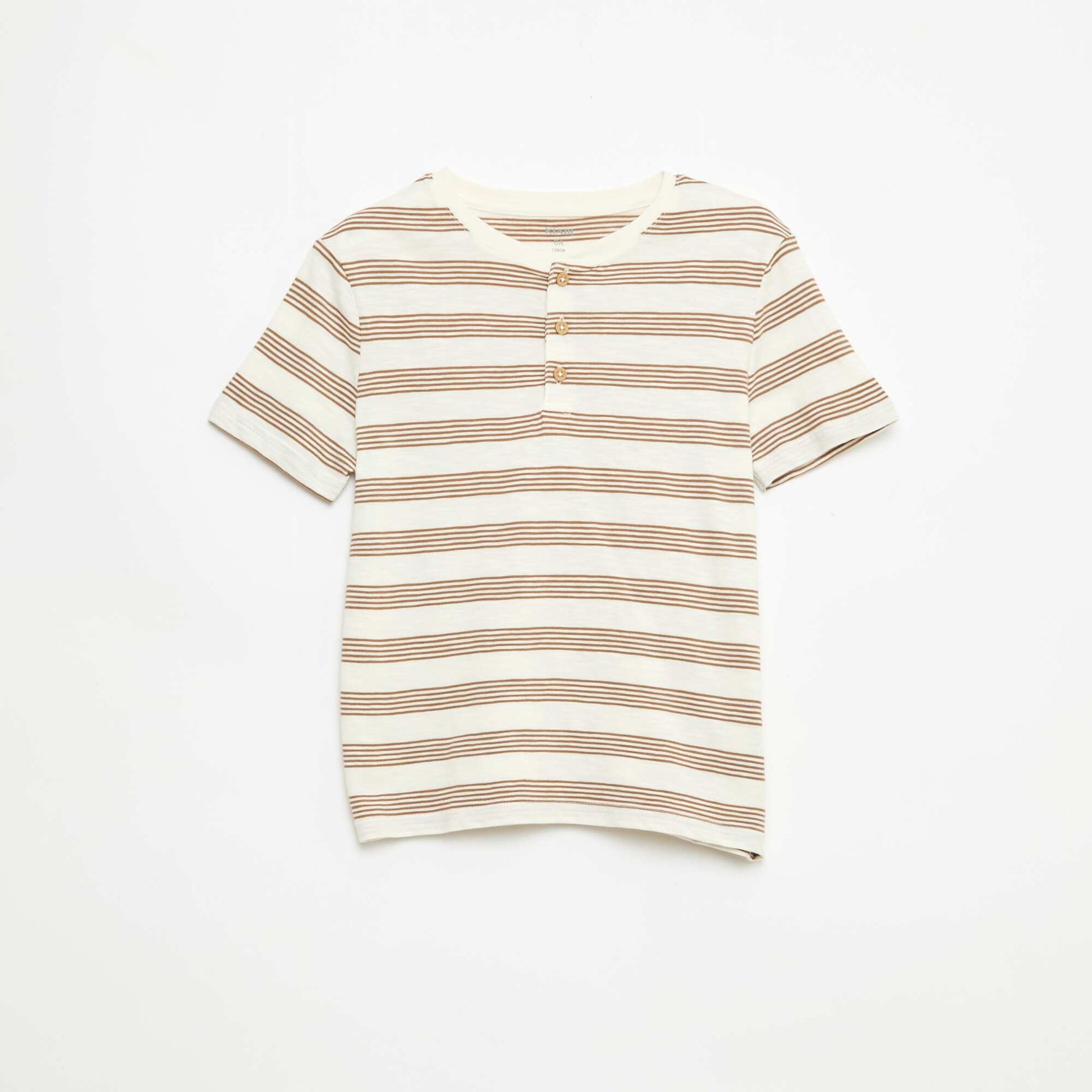 Striped T-shirt with Tunisian Collar BEIGE
