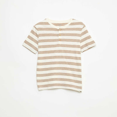 Striped T-shirt with Tunisian Collar BEIGE