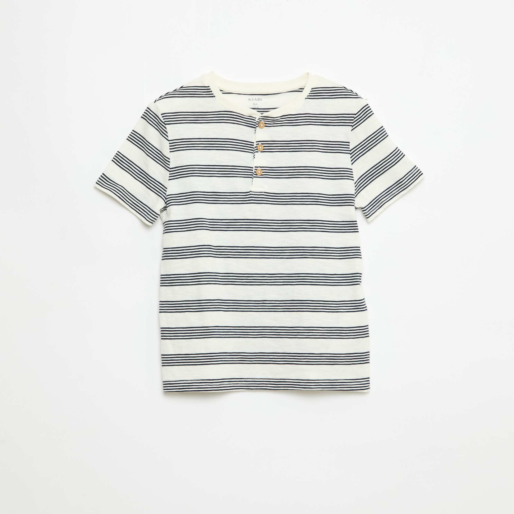 Striped T-shirt with Tunisian Collar BEIGE