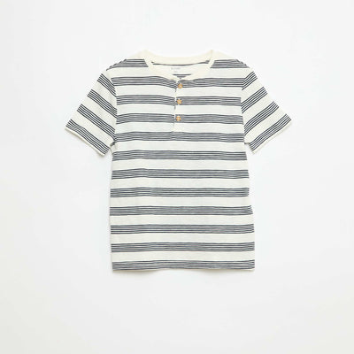 Striped T-shirt with Tunisian Collar BEIGE
