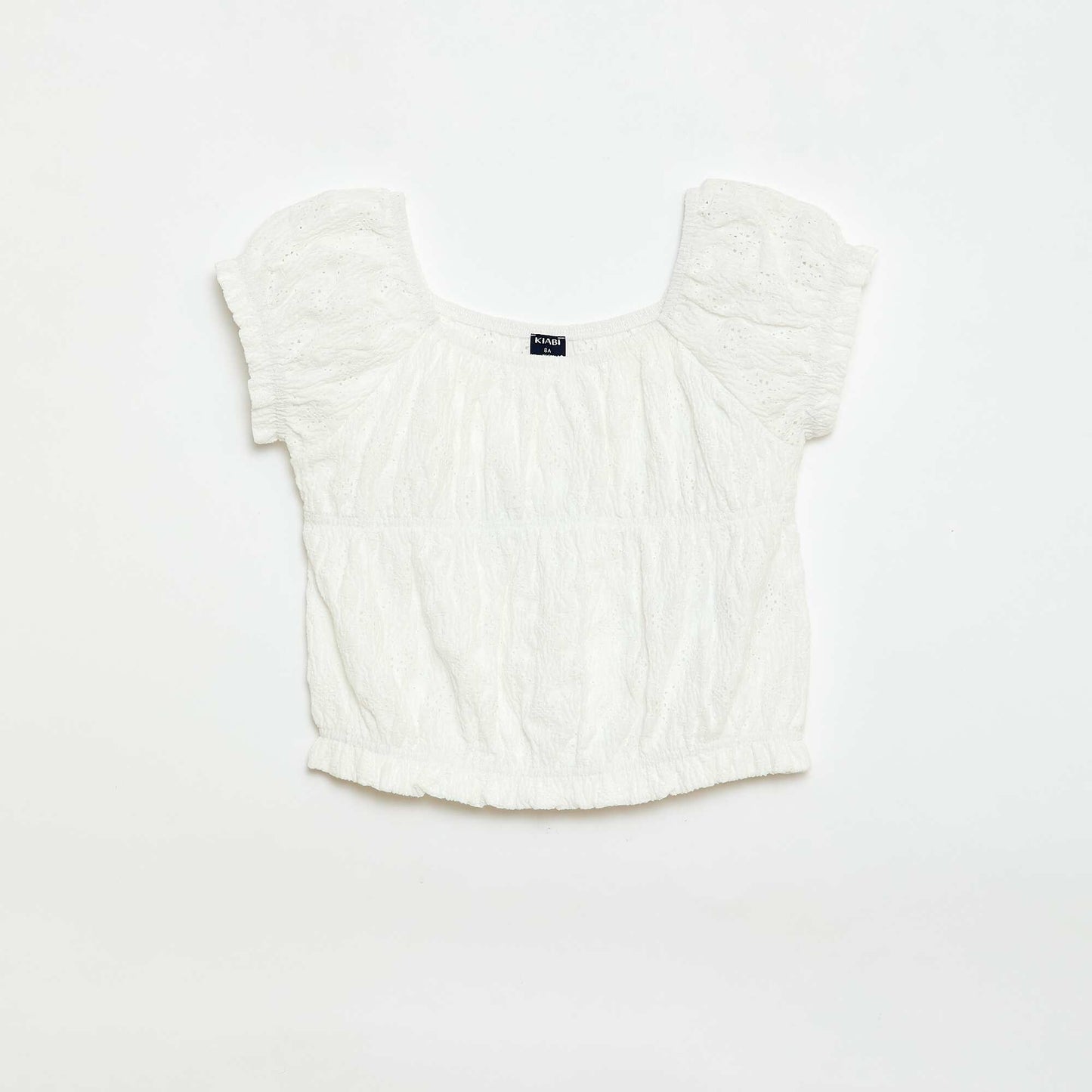 Smocked T-shirt with Broderie Anglaise WHITE