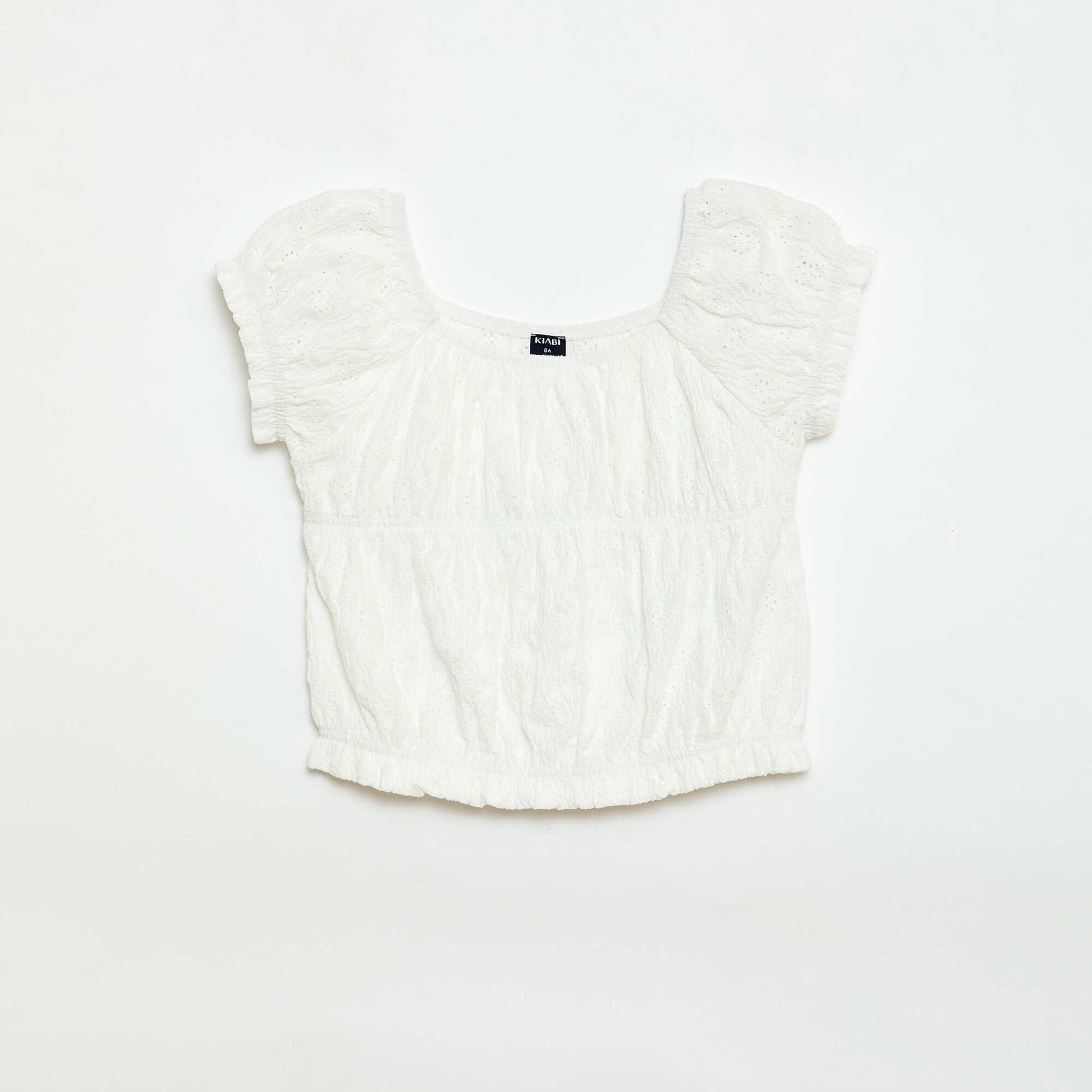 Smocked T-shirt with Broderie Anglaise WHITE