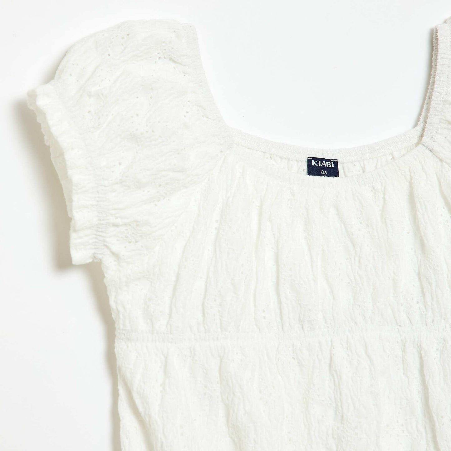 Smocked T-shirt with Broderie Anglaise WHITE