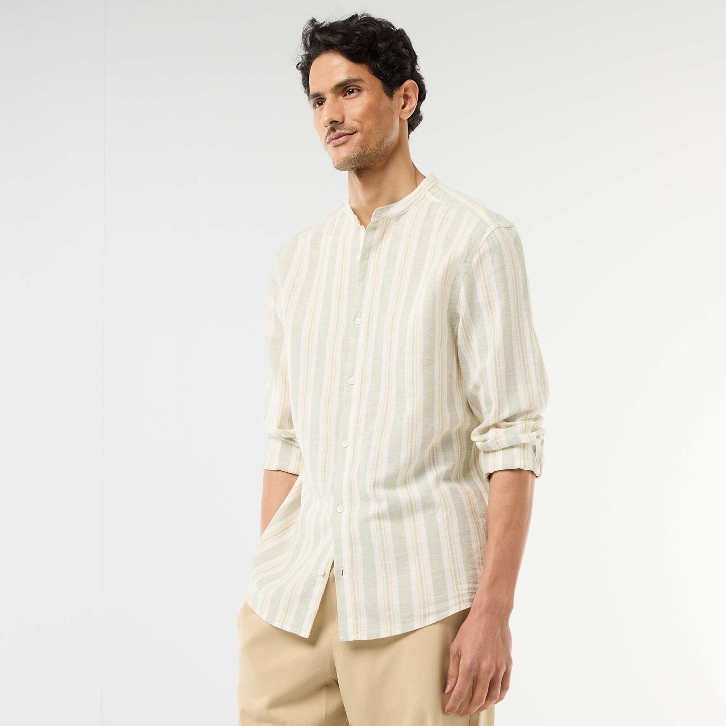 Striped Mao Collar Shirt with Roll-Up Sleeves GREEN