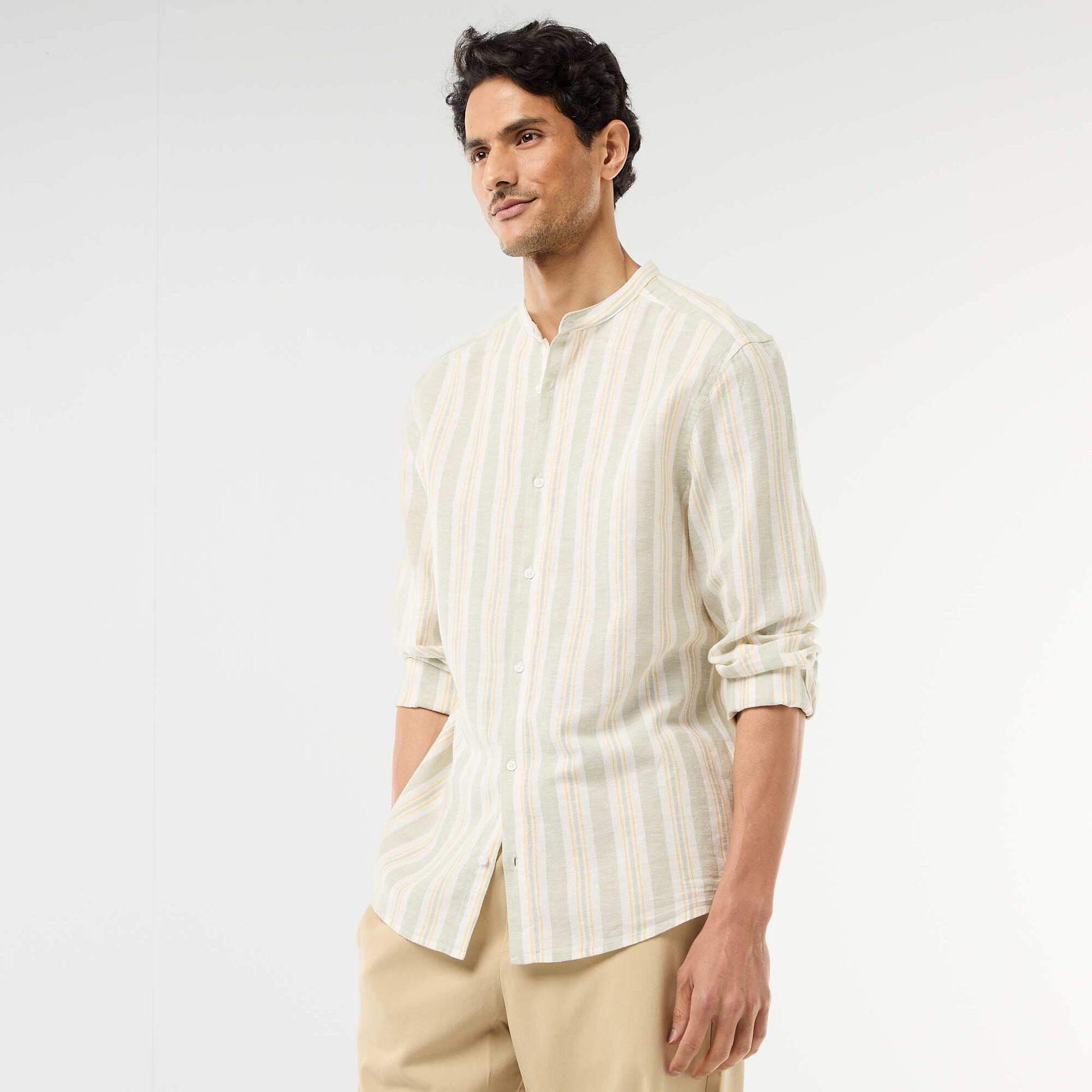 Striped Mao Collar Shirt with Roll-Up Sleeves GREEN