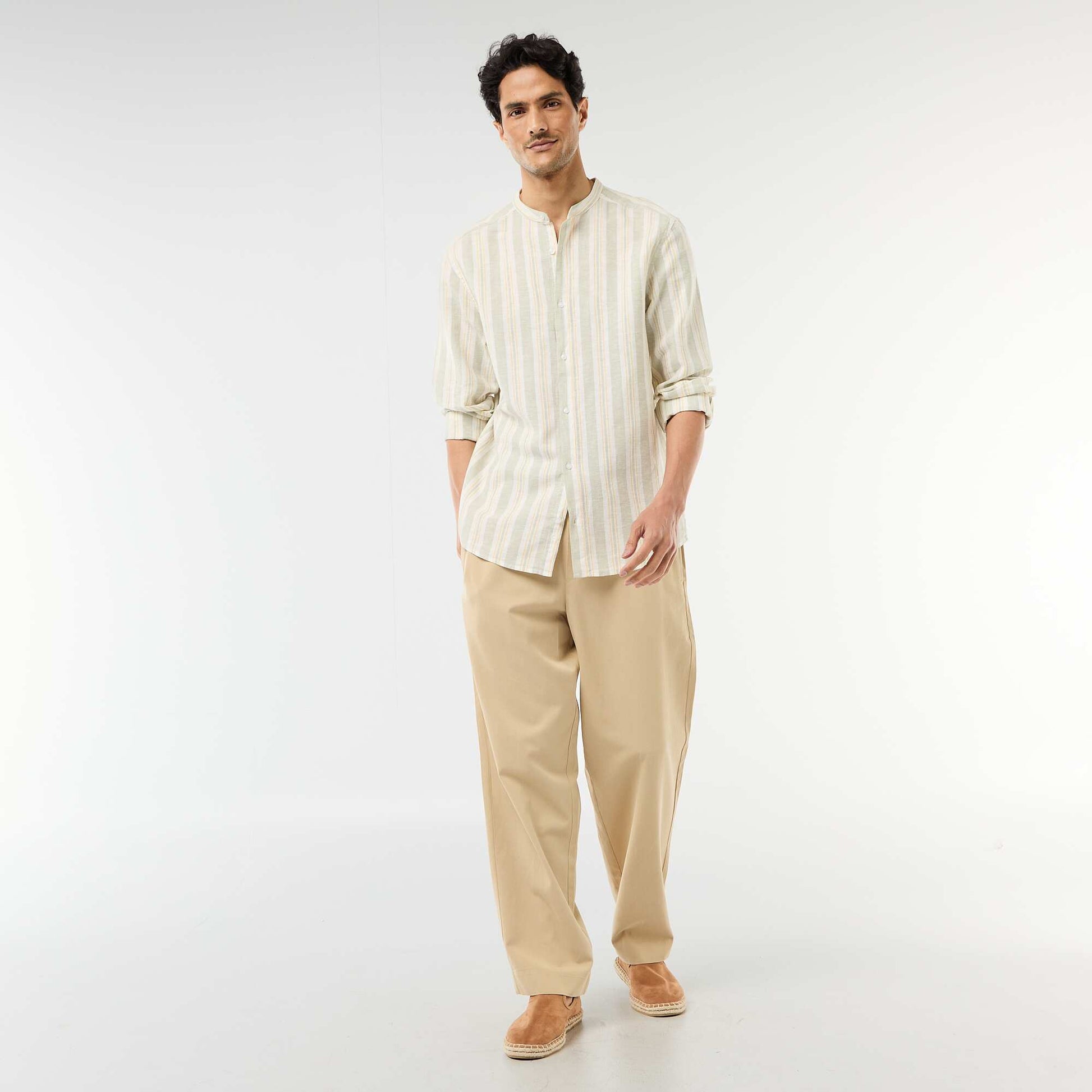 Striped Mao Collar Shirt with Roll-Up Sleeves GREEN