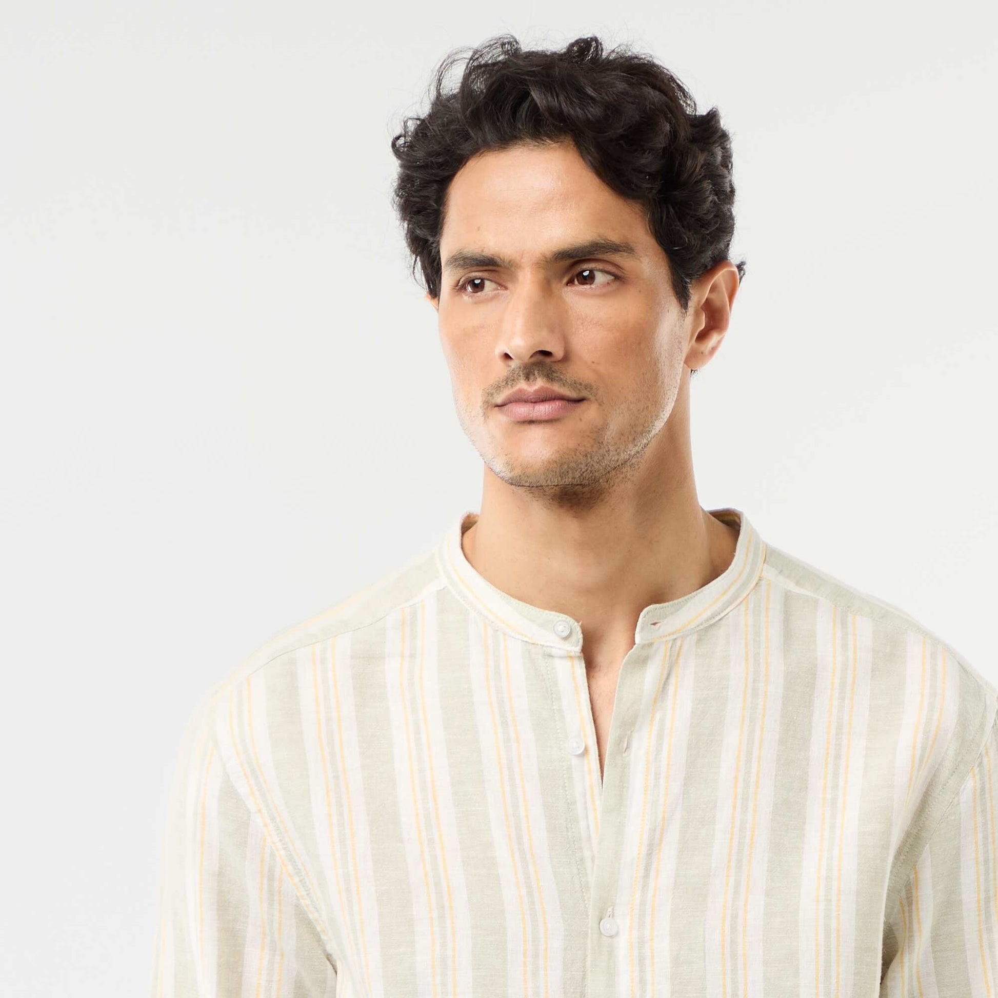 Striped Mao Collar Shirt with Roll-Up Sleeves GREEN